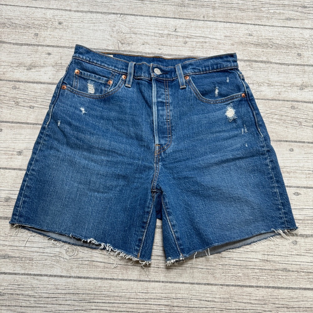 Levi's 501 Shorts Women's 29 Blue Original Denim Button Fly High Rise Distressed
